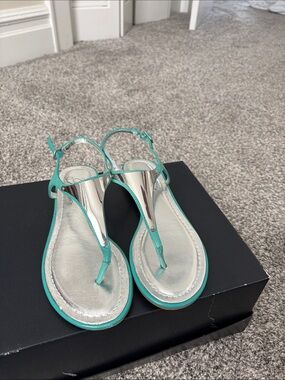 Fergie Teal Metallic Silver T-Strap Sandals
